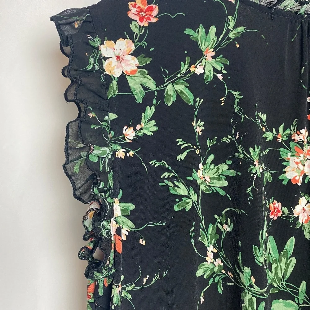 Joie Womenʻs Plus Size Sleeveless Black Floral V-neckline Blouse w/ Tie 1X